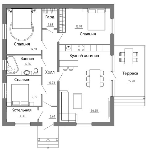 Проекты домов до м² - Планы, 3D виды, фото